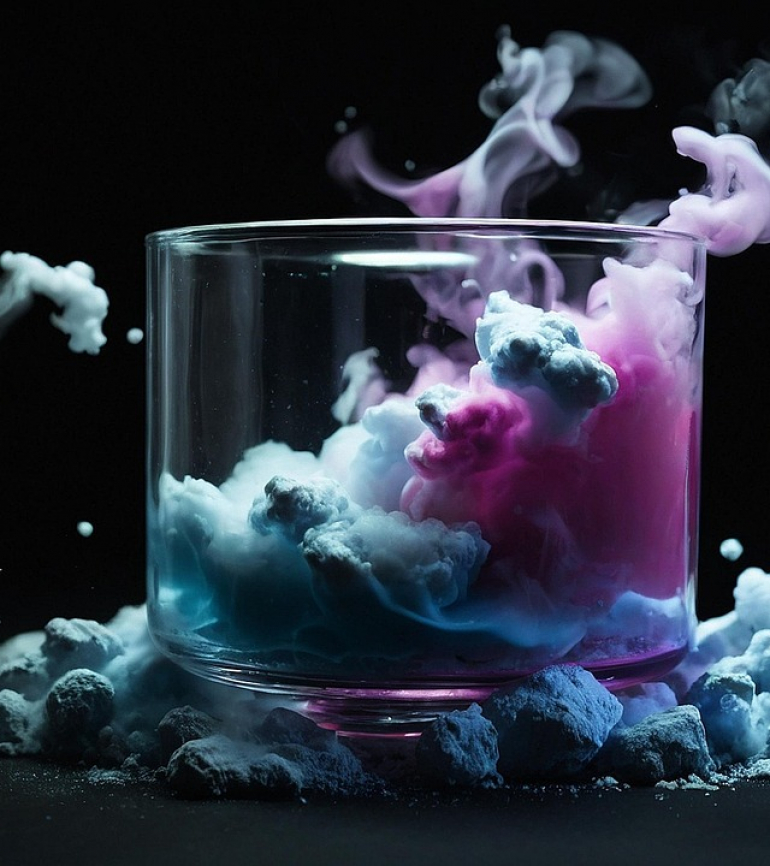 Chemisches Glas mit blauer und lilaner Wolke