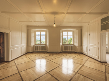 Altbauwohnung mit Stuck an der Decke und den Wänden, 2 Fenster mit Blick auf Bäume und Berge