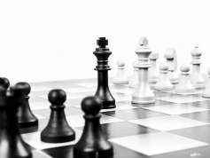 Schachbrett mit weißen und schwarzen Figuren. Die Könige stehen sich gegenüber