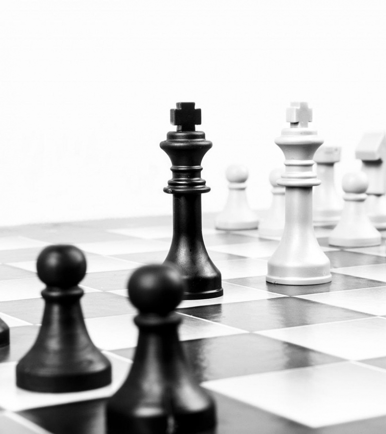 Schachbrett mit weißen und schwarzen Figuren. Die Könige stehen sich gegenüber